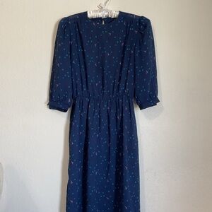 Vintage Alison Peters Elegant Navy Floral Long Sleeve Dress